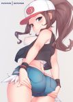  1girl ass bare_shoulders blue_eyes blush breasts brown_hair butt_crack covered_nipples cowboy_shot donedone half-closed_eyes hand_on_ass looking_at_viewer looking_back medium_breasts patreon_username pokemon pokemon_(game) pokemon_bw ponytail short_shorts shorts sleeveless smile solo tank_top touko_(pokemon) vest 