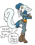  2018 2_tails alpha_channel anthro belt bethesda_softworks beverage blue_fur blue_hair boots caitlyn_(swordfox) clothing crossover damaged_clothing english_text fallout fangs felid feline female footwear fur glowing glowing_liquid hair inkwell-pony looking_back mammal meowstic multi_tail nintendo open_mouth pip-boy pok&eacute;mon pok&eacute;mon_(species) post-apocalyptic red_eyes simple_background soda soda_bottle speech_bubble story story_in_description teeth text transparent_background vault_suit video_games white_fur yellow_sclera 