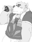  2019 anthro blush clothing eyewear glasses hi_res humanoid_hands japanese_text male mammal overweight overweight_male shirt solo text tokyo_afterschool_summoners topwear towel train5 ursid video_games volos 