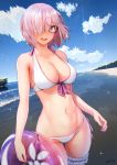  1girl :d ass_visible_through_thighs beach bikini blue_sky breasts cleavage cloud fate/grand_order fate_(series) glasses hair_over_one_eye highres horizon innertube large_breasts lens_flare mash_kyrielight nanahime navel ocean open_mouth pink_hair short_hair sky smile solo sweat swimsuit white_bikini 