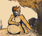  anthro armor bath canid canine canis coyote kairyu-shin male male_pregnancy mammal nude outside partially_submerged pregnant quib solo standing tree water 