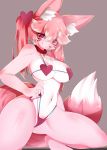  &lt;3 2019 angel_(artist) anthro bikini breasts butt camel_toe canid canine clothing collar crouching fluffy fluffy_tail fox fur grey_background hair hi_res inner_ear_fluff long_hair looking_at_viewer mammal navel nipple_outline pink_fur pink_hair simple_background smile solo swimwear white_fur 