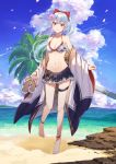  1girl bare_shoulders barefoot beach bikini bikini_skirt blue_sky blush bow breasts cleavage closed_mouth cloud collarbone day fate/grand_order fate_(series) flower full_body hair_between_eyes hair_flower hair_ornament hair_ribbon highres holding holding_shoes japanese_clothes kimono long_hair looking_at_viewer navel ocean off_shoulder outdoors palm_tree petals ponytail red_bow red_eyes ribbon sand sandals_removed shoes silver_hair sky smile solo standing stomach swimsuit tomoe_gozen_(fate/grand_order) tree tsukino_(nakajimaseiki) twitter_username very_long_hair 
