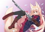  1girl animal_ears black_dress black_legwear blonde_hair boots bow bowtie brown_footwear commentary_request cross-laced_footwear dress fox_ears fox_tail frilled_dress frills full_body gun long_hair long_sleeves multiple_tails original red_eyes rifle tail thighhighs two_tails waichi weapon zettai_ryouiki 