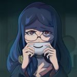  1girl blue_hair breasts choker cleavage crying eyebrows glasses highres holding holding_paper little_witch_academia long_hair long_sleeves looking_at_viewer medium_breasts paper red_eyes solo toasty_scones upper_body ursula_charistes 