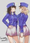  2girls andou_(girls_und_panzer) bangs bc_freedom_(emblem) bc_freedom_military_uniform black_hair blonde_hair blue_eyes blue_headwear blue_jacket blue_vest brown_background brown_eyes co_jet dark_skin emblem girls_und_panzer hand_on_hip hand_up hat high_collar jacket long_sleeves looking_at_viewer medium_hair messy_hair multiple_girls oshida_(girls_und_panzer) pleated_skirt shako_cap simple_background skirt smile standing star thighs vest white_skirt 