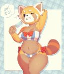  2019 aggressive_retsuko ailurid big_breasts bikini bodily_fluids breasts brown_claws brown_eyes claws cleavage clenched_teeth clothed clothing eyelashes fangs female food fur hand_behind_head hi_res hourglass_figure looking_away mammal multicolored_fur navel one_eye_closed pattern_clothing popsicle red_panda retsuko ribbons sanrio striped_clothing striped_tail stripes sweat swimwear teeth text thought_bubble vongulli wide_hips wince 