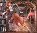  2017 beingobscene book breasts centaur clothing confusion equid equid_taur female freckles hair hi_res human_to_taur library mammal mammal_taur navel nipples open_mouth panties photo_background red_hair shirt solo taur topwear torn_clothing transformation underwear 