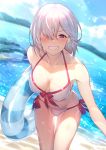  1girl bare_shoulders beach bikini blush breasts cleavage collarbone commentary covered_nipples fate/grand_order fate_(series) grin hair_over_one_eye highres innertube kakage large_breasts lavender_hair lens_flare looking_at_viewer mash_kyrielight navel ocean purple_eyes short_hair smile solo sunlight swimsuit swimsuit_of_perpetual_summer thighs white_bikini 