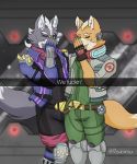  2019 absurd_res bottomwear bulge canid canine canis claws clothed clothing duo english_text eyes_closed fox fox_mccloud fur grey_fur hi_res jacket male mammal nintendo pants raikarou scarf standing star_fox text topwear video_games wolf wolf_o&#039;donnell 
