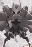  anthro arthropod black_eyes breasts cloak clothed clothing featureless female girlsay hi_res hollow_knight horn hornet_(hollow_knight) insect navel nipples non-mammal_breasts pussy solo thick_thighs weapon 