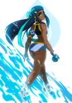  1girl aqua_hair armband arms_at_sides ass bare_legs bare_shoulders black_hair blue_eyes blue_gloves dark_skin ear_piercing earrings eyeliner fingerless_gloves floating_hair from_behind full_body gloves grin gym_leader hair_bun highres holding holding_poke_ball hoop_earrings jewelry lips long_hair long_legs looking_at_viewer looking_back makeup multicolored_hair piercing poke_ball pokemon pokemon_(game) pokemon_swsh rurina_(pokemon) sandals single_glove smile solo sports_bikini swimsuit tankini thighs tovio_rogers two-tone_hair walking water wristband 