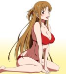  1girl asuna_(sao) barefoot bikini breasts brown_eyes brown_hair cleavage collarbone full_body gradient gradient_background large_breasts long_hair looking_at_viewer open_mouth puge red_bikini sitting smile solo swimsuit sword_art_online wariza white_background yellow_background 