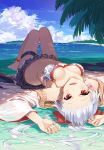  1girl :d absurdres bare_shoulders barefoot beach bikini bikini_skirt blue_sky blush bow breasts cleavage cloud collarbone day fate/grand_order fate_(series) flower full_body hair_between_eyes hair_flower hair_ornament hair_ribbon highres japanese_clothes kimono long_hair looking_at_viewer lying navel ocean off_shoulder on_back open_mouth outdoors palm_tree ponytail red_bow red_eyes ribbon sand sandals_removed shoes silver_hair sky smile solo stomach swimsuit thigh_strap tomoe_gozen_(fate/grand_order) tree tsukino_(nakajimaseiki) twitter_username very_long_hair 