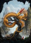  2017 ambient_bird ambiguous_gender anthro asian_mythology avian bird clothed clothing day detailed detailed_background digital_media_(artwork) dragon east_asian_mythology eastern_dragon eyes_closed feral fog group hair hi_res horn mane mountain mythology nature orange_hair oskolokcat outside red_nose resting robe scales sky solo_focus standing tail_tuft tree tuft waterfall whiskers yellow_scales 