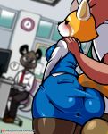  2019 aggressive_retsuko ailurid anthro big_butt blurred_background blush bodily_fluids bottomwear breasts butt clothed clothing domestic_pig female fully_clothed group haida hi_res hyaenid legwear lollipopcon male mammal miniskirt pantyhose patreon red_panda retsuko sanrio shirt skirt solo_focus spotted_hyena suid suina sus_(pig) sweat sweatdrop tight_clothing ton topwear url vest 
