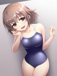  1girl bare_arms bare_legs blue_swimsuit blush breasts brown_eyes brown_hair chin_rest collarbone competition_school_swimsuit competition_swimsuit covered_navel cowboy_shot day eyebrows_visible_through_hair gradient gradient_background hair_between_eyes hand_on_own_chin idolmaster idolmaster_cinderella_girls indoors kita_hinako looking_at_viewer medium_breasts one-piece_swimsuit open_mouth pataniito school_swimsuit shiny_swimsuit short_hair smile solo standing swimsuit wall 