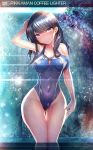  1girl ass_visible_through_thighs black_hair blue_eyes blue_swimsuit breasts cameltoe collarbone competition_swimsuit covered_navel goggles goggles_around_neck head_tilt highleg highleg_swimsuit highres lens_flare long_hair looking_at_viewer medium_breasts one-piece_swimsuit silly_(marinkomoe) solo sparkle ssss.gridman standing swimsuit takarada_rikka thigh_gap 