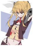  1girl bangs black_shorts blonde_hair blue_eyes blush breasts cleavage crop_top eyebrows_visible_through_hair eyepatch eyes_visible_through_hair fang girls_frontline gun hair_between_eyes highres holding holding_gun holding_weapon jacket long_hair midriff navel open_mouth red_neckwear sakakiba_misogi shorts sidelocks skin_fang skorpion_(girls_frontline) smoke solo twintails weapon 