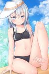  1girl alternate_costume barefoot bikini black_bikini blue_sky cloud commentary_request day flat_cap grey_eyes hammer_and_sickle hat hibiki_(kantai_collection) highres kantai_collection long_hair looking_at_viewer outdoors silver_hair sitting sky smile solo swimsuit tikken verniy_(kantai_collection) white_headwear 