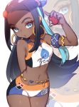  1girl aqua_eyes aqua_hair armlet bare_shoulders belly_bracelet cowboy_shot dark_skin earrings hair_ornament highres hoop_earrings jewelry konbu_(hida123) navel poke_ball pokemon pokemon_(game) pokemon_swsh rurina_(pokemon) shorts solo sports_bra sportswear 