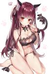  1girl animal_ears bangs bare_shoulders bell between_legs black_panties black_ribbon blush bra breasts cat_cutout cat_ear_panties cat_ears cat_lingerie choker cleavage cleavage_cutout collarbone eyebrows_visible_through_hair frilled_bra frills girls_frontline gloves hair_ribbon half_updo hand_between_legs head_tilt jingle_bell large_breasts lingerie long_hair looking_at_viewer meme_attire narae navel one_side_up panties paw_pose purple_hair red_eyes ribbon side-tie_panties simple_background sitting solo squiggle stomach tail thighs underwear underwear_only very_long_hair wa2000_(girls_frontline) wariza 