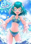 1girl 1other ass_visible_through_thighs bikini blue_bikini blue_eyes blue_hair blue_sky cloud collarbone commentary_request cowboy_shot day hagoromo_lala hanzou highres looking_at_viewer navel open_mouth outdoors outstretched_arms pointy_ears precure prunce_(precure) short_hair sky smile splashing star star-shaped_pupils star_twinkle_precure swimsuit symbol-shaped_pupils 
