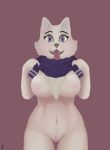  2019 anthro areola big_breasts black_nose blouse breasts canid canine canis chest_tuft clothed clothing domestic_dog eyebrows female fluffy fur grey_eyes hi_res kinkysashimi looking_at_viewer mammal nipples nordic_sled_dog open_mouth partially_clothed pink_nipples pink_tongue pussy samoyed simple_background solo spitz tongue tuft white_fur 