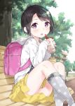  1girl backpack bag bangs bench blush bow collarbone commentary_request eyebrows_visible_through_hair grey_bow gyuunyuunomio7 hair_ornament highres hood hoodie jacket kneehighs long_sleeves looking_at_viewer pink_backpack pink_eyes short_hair sitting skirt solo star teabag tongue tongue_out tree white_jacket yellow_bow yellow_skirt 