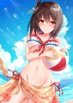  1girl ball beachball bikini black_hair blue_sky breasts cloud commentary_request cowboy_shot day frilled_bikini frills groin hair_ornament highres kantai_collection kinona large_breasts looking_at_viewer navel outdoors red_eyes sarong short_hair sky solo swimsuit white_bikini yamashiro_(kantai_collection) 