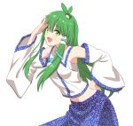  1girl :d antenna_hair bangs bare_shoulders blue_skirt blush commentary_request cowboy_shot detached_sleeves eyebrows_visible_through_hair frog_hair_ornament green_eyes green_hair hair_between_eyes hair_ornament hair_tubes hand_on_hip hand_up highres kochiya_sanae leaning_forward leon_(mikiri_hassha) long_hair long_sleeves looking_at_viewer midriff navel open_mouth salute sarashi shirt sidelocks simple_background skirt smile snake_hair_ornament solo standing touhou very_long_hair white_background white_shirt wide_sleeves 