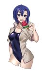  1girl blue_eyes blue_hair catria_(fire_emblem) ebinku fire_emblem fire_emblem:_mystery_of_the_emblem food fruit highres holding one-piece_swimsuit open_mouth short_hair short_sleeves simple_background solo swimsuit watermelon white_background 