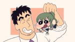  1boy 1girl blush business_suit chiban coat crayon_shin-chan facial_hair formal green_eyes green_hair highres igarashi_futaba_(shiromanta) lanyard medium_hair necktie office_lady one_eye_closed overcoat parody picking_up ponytail salaryman senpai_ga_uzai_kouhai_no_hanashi stubble style_parody suit takeda_harumi_(shiromanta) thick_eyebrows usui_yoshito_(style) 