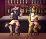  2016 3_toes 4_fingers alcohol anthro bar barefoot beer belt beverage biped black_claws black_eyebrows black_fur black_nose black_tail blue_clothing blue_eyes blue_shirt blue_topwear bottle bottomwear canid canine canis claws clothed clothing detailed_background dewshep digital_media_(artwork) domestic_dog duo eyebrows fangs fingerless_(marking) fingers front_view fur german_shepherd glass green_fur green_hair green_tail grey_fur grey_tail hair herding_dog holding_glass holding_object inner_ear_fluff inside inuhein laugh male mammal multicolored_fur multicolored_tail open_mouth pastoral_dog pink_bottomwear pink_clothing pink_nose pink_shorts red_fur shirt short_hair shorts sitting smile stool storm_(stormwx_wolf) tank_top toe_claws toes topwear two_tone_fur two_tone_tail white_clothing white_fur white_shirt white_topwear wolf yellow_fur yellow_tail 