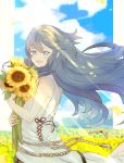  1girl blue_eyes blue_hair field fire_emblem fire_emblem_awakening flower flower_field highres holding holding_flower long_hair looking_at_viewer lucina outdoors sasaki_(dkenpisss) smile solo sunflower tiara 