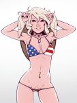  1girl american_flag_bikini bikini blue_eyes breasts bunching_hair cleavage commentary contrapposto cowboy_hat dave_cheung english_commentary flag_print fourth_of_july hands_in_hair hat hat_removed headwear_removed highres lips lowleg lowleg_bikini medium_breasts medium_hair navel navel_piercing nose original piercing platinum_blonde_hair pubic_hair pubic_hair_peek smile solo standing swimsuit two_side_up 
