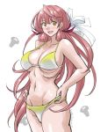  1girl :d abs absurdres akashi_(kantai_collection) bikini breasts cleavage cowboy_shot gradient_bikini hair_ribbon highres kantai_collection large_breasts long_hair looking_at_viewer midriff navel open_mouth pink_hair red_ribbon ribbon screw simple_background smile solo sozan swimsuit thighs tress_ribbon white_background white_ribbon yellow_eyes 