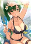  1girl absurdres bikini blush breasts cleavage collarbone earrings fan fire_emblem flower green_eyes green_hair groin hair_between_eyes hair_flower hair_ornament highres jewelry large_breasts looking_at_viewer lyn_(fire_emblem) navel ormille paper_fan ponytail solo swimsuit tan tanline thigh_strap 