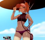  1girl :&lt; ass_visible_through_thighs bag baseball_cap beach_umbrella between_breasts blue_sky breasts day gen_1_pokemon hand_on_hip hat highres kamina_shades lips medium_hair menoziriath navel nose orange_hair outdoors poke_ball poke_ball_(generic) pokemon pokemon_(anime) pokemon_(creature) pokemon_trainer ponytail pun shade sky small_breasts solo_focus squirtle_squad standing stomach strap_between_breasts sunglasses swimsuit tankini thighs toned umbrella wristband 