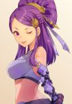  1girl beads earrings fire_emblem fire_emblem_fates from_side hair_ornament jewelry jurge long_hair looking_to_the_side one_eye_closed orochi_(fire_emblem) parted_lips purple_eyes purple_hair simple_background solo upper_body 