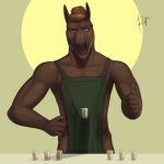  1:1 2017 5_fingers alcohol anthro apron apron_only beard beverage biceps blue_eyes brown_eyebrows brown_fur brown_hair bulge clothing cup digital_media_(artwork) equid equine erection erection_under_clothing eyebrows facial_hair fingers front_view fur gesture glass green_background hair hair_bun hand_on_hip hi_res horse humanoid_hands looking_at_viewer male mammal mostly_nude muscular muscular_male rov signature simple_background smile smirk solo standing tahoe thumbs_up 