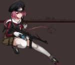  1girl absurdres bangs belt black_headwear black_jacket braid collarbone eyebrows_visible_through_hair eyes_visible_through_hair girls_frontline gloves grey_background gun hair_ornament hairclip hat highres holding holding_gun holding_weapon jacket leeb3397 long_hair long_sleeves looking_at_viewer pink_hair pps-43 pps-43_(girls_frontline) red_eyes red_star russian_text shoes simple_background single_braid sitting skirt sneakers solo star submachine_gun thighhighs uniform very_long_hair weapon white_gloves white_legwear white_skirt 