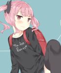  1girl bangs black_legwear black_shirt blush collarbone commentary_request english_text eyebrows_visible_through_hair green_background gyuunyuunomio7 hair_ornament looking_at_viewer original pink_eyes pink_hair red_backpack shirt simple_background solo thighhighs twintails 