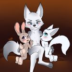  2019 age_difference anus bite biting_lip black_nose blue_eyes blush butt butt_grab canid canine cub female fox fur grey_fur hand_on_butt hi_res lagomorph leporid looking_at_viewer mammal purple_eyes pussy rabbit self_bite soles soulcentinel young 