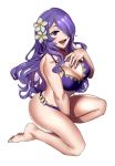  1girl absurdres barefoot bikini breasts camilla_(fire_emblem) cleavage ebinku fire_emblem fire_emblem_fates fire_emblem_heroes flower full_body hair_flower hair_ornament hair_over_one_eye highres large_breasts long_hair open_mouth purple_eyes purple_hair simple_background solo swimsuit white_background 