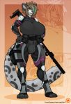  anthro bionic_arm bionic_leg bulge clothed clothing curvaceous felid feline gun gynomorph hair hands_on_hips intersex mammal open_mouth ranged_weapon solo standing thigh_gap veyll weapon wide_hips 