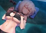  1girl azur_lane bangs beach_mat bikini black_bikini blush breast_suppress breasts choker cleavage collarbone commentary_request covered_nipples day eyebrows_visible_through_hair eyewear_removed hair_between_eyes half-closed_eye hand_up heart heart-shaped_eyewear large_breasts looking_at_viewer lying navel o-ring o-ring_top on_back one_eye_closed outdoors red_eyes scrunchie shade shirt short_hair sirius_(midsummer_seirios)_(azur_lane) solo sunglasses swimsuit translucent_shirt west_(vaem5527) white_hair white_scrunchie white_shirt wrist_scrunchie 