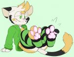  2019 3_toes anthro arm_support backsash bottomless chest_tuft clothed clothing cute_fangs digital_media_(artwork) domestic_cat feet felid feline felis foot_focus fur green_background green_eyes hair half-closed_eyes hindpaw legs_up legwear male mammal open_jacket partially_clothed pattern_clothing pattern_legwear pawpads paws reclining simple_background smile smirk smug socks solo striped_clothing striped_legwear stripes tail_tuft thigh_highs toe_curl toeless_socks toes tongue tongue_out topwear tuft 