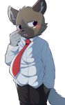  aggressive_retsuko anthro blush brown_fur clothed clothing fully_clothed fur haida hi_res hyaenid kimacats looking_aside male mammal necktie sanrio signature simple_background solo spotted_hyena teeth white_background 