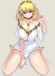  1girl bangs blonde_hair blue_eyes blush breasts cleavage covered_nipples elf highres huge_breasts jewelry kekkon_yubiwa_monogatari looking_at_viewer masao naked_shirt nephrites_lomka nipples pendant pointy_ears shirt short_hair simple_background sitting smile solo v wariza white_background 